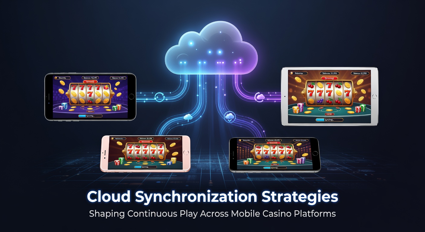 Illustration of cloud servers syncing game data across multiple mobile devices in a casino environment