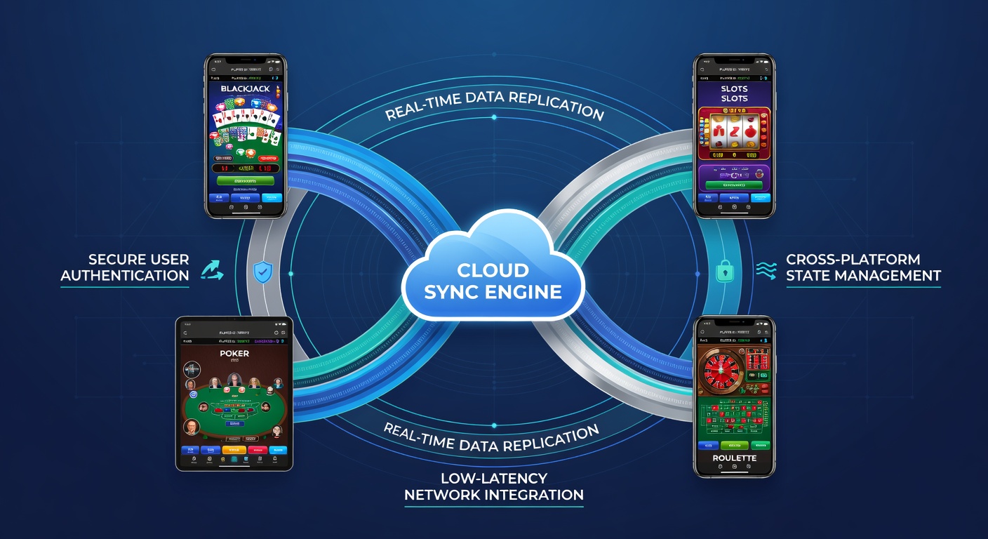 Mobile phone displaying synchronized casino game interface with cloud icons indicating real-time updates