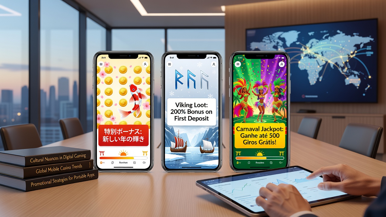 Diverse users engaging with mobile casino apps featuring localized promotional graphics and reward elements