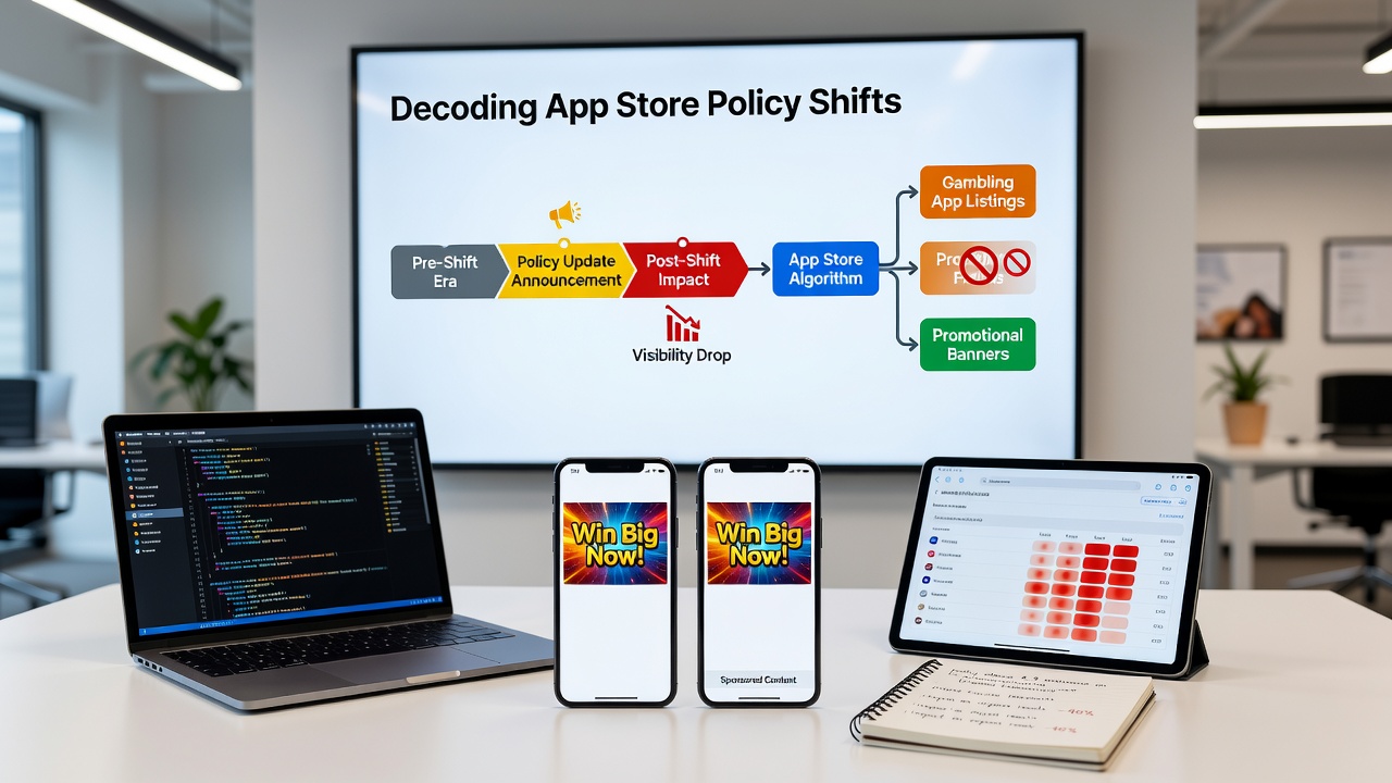 Developer dashboard showing app store analytics with reduced impressions for gambling category listings after policy changes