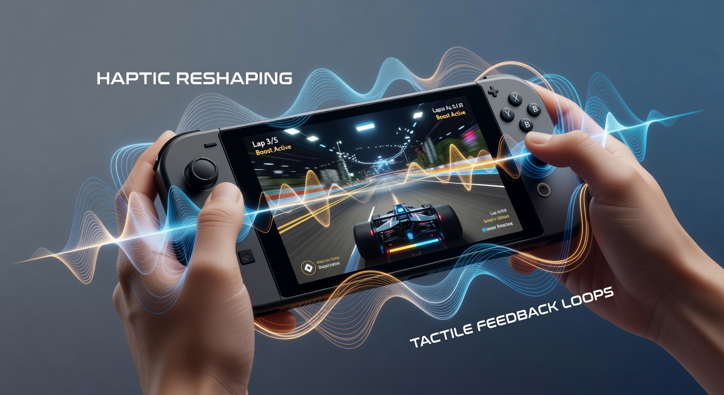 Close-up of a smartphone displaying layered haptic vibration waveforms during a mobile gaming session