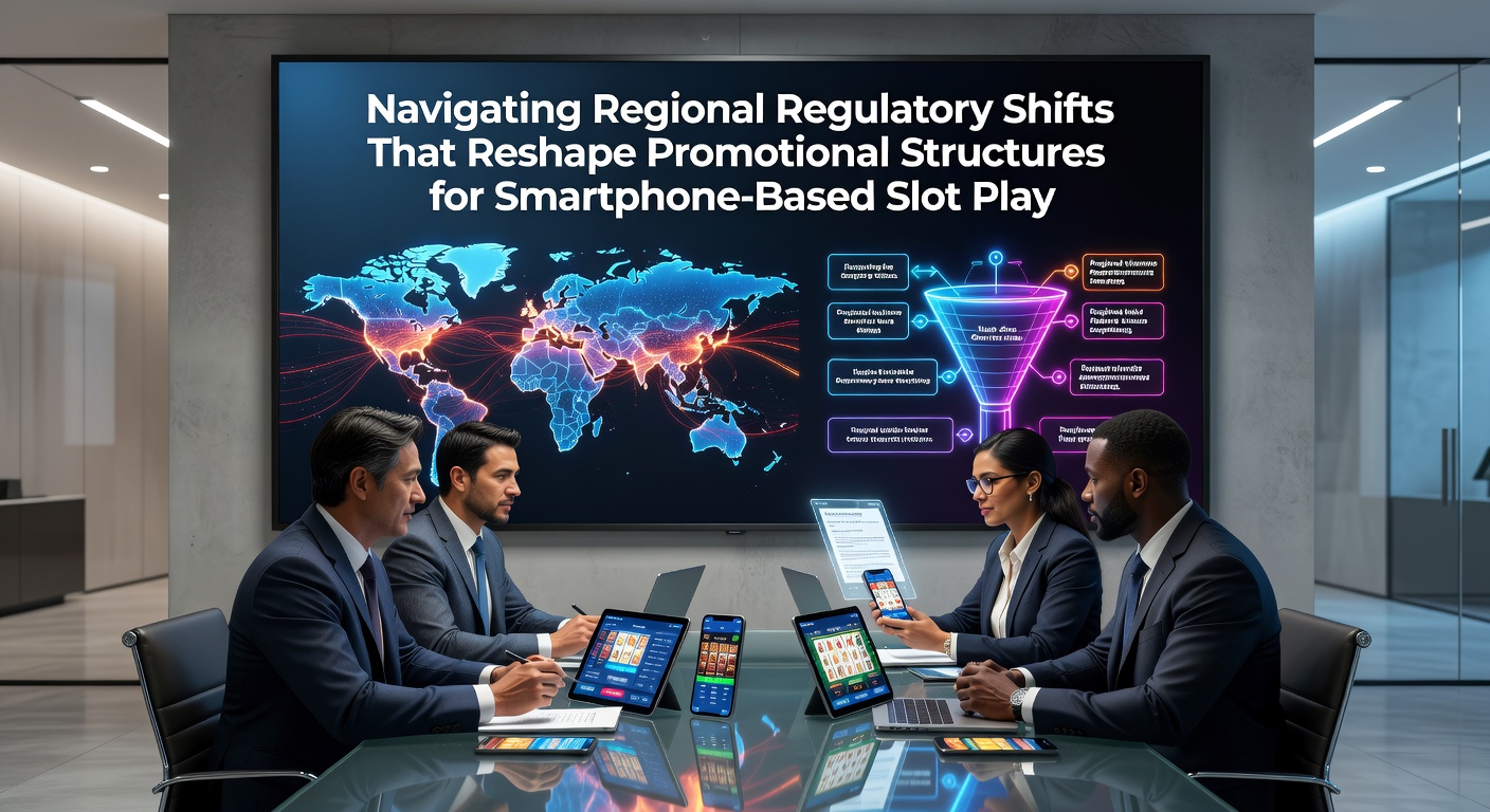 Smartphone displaying slot game interface with regulatory compliance icons overlaid on a global map background