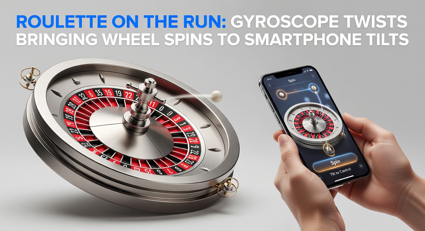 Smartphone tilted at an angle, screen showing a vibrant roulette wheel mid-spin activated by gyroscope motion