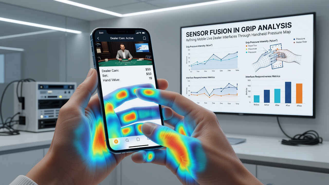 Close-up of smartphone edge sensors capturing finger pressure distribution during a live blackjack session