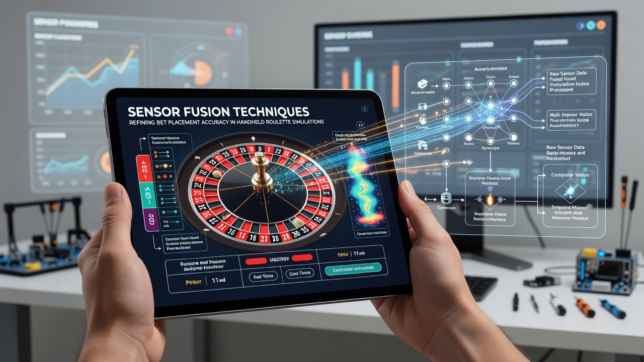 Illustration of a smartphone displaying a roulette table with overlaid sensor data fusion layers and bet placement markers