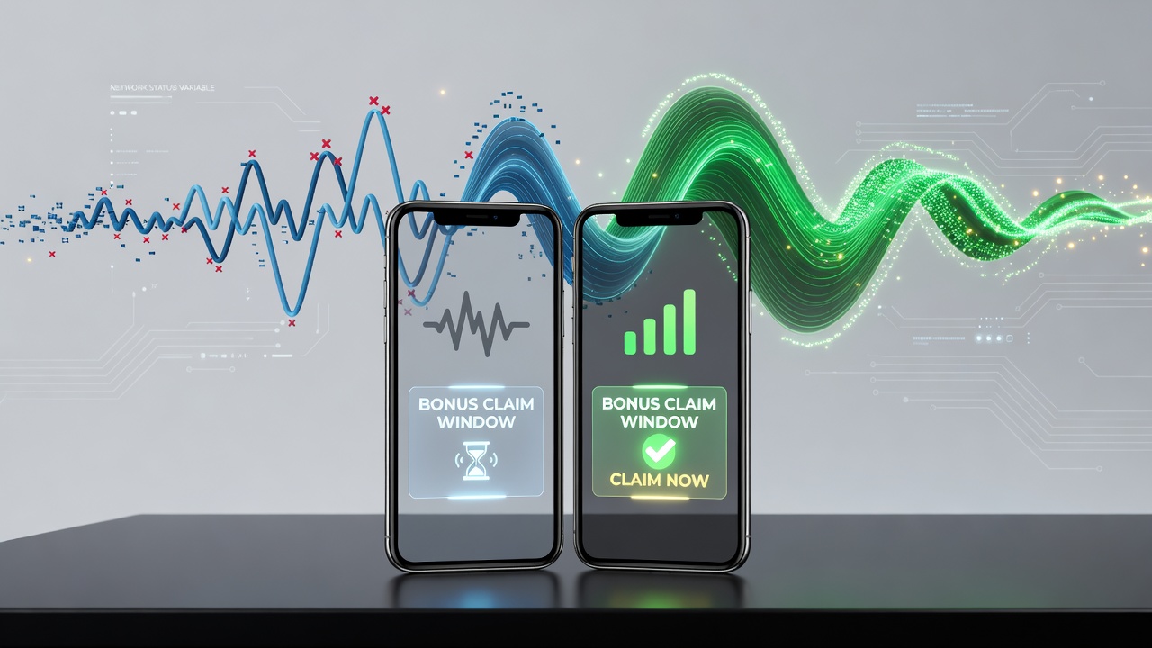 Mobile device showing casino interface with signal strength indicators overlaid on a bonus claim screen