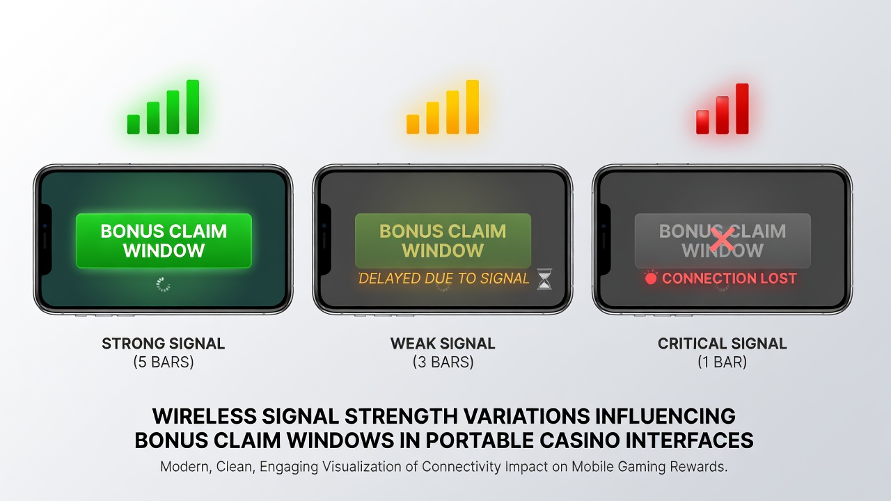 Close-up of smartphone screen displaying fluctuating wireless signal bars during a casino bonus claim attempt